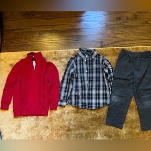 Nautica red sweater with button shirt and grey pants